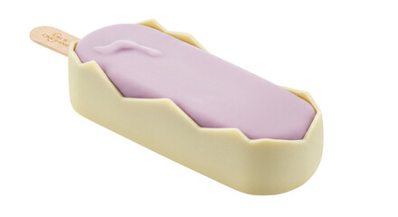 Purple ice cream bar isolated, coated in white chocolate on a wooden stick, a refreshing summer...