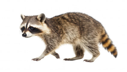 A raccoon with distinctive facial markings and bushy tail. walking gracefully on a white background. its natural curiosity and playful demeanor. ideal for wildlife photography