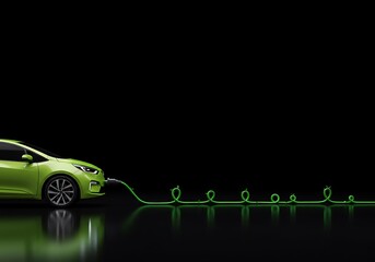Electric green car connected to charging cable with plant design  