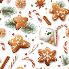 Festive christmas cookies with candy canes, cinnamon sticks, and pine branches on white background