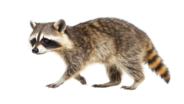 A raccoon with distinctive facial markings and bushy tail. walking gracefully on a white background. its natural curiosity and playful demeanor. ideal for wildlife photography
