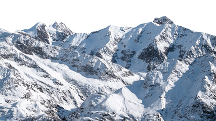View of snow-capped alpine mountains isolated on a transparent background. Winter landscape. PNG