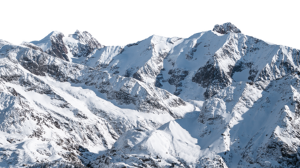 View of snow-capped alpine mountains isolated on a transparent background. Winter landscape. PNG