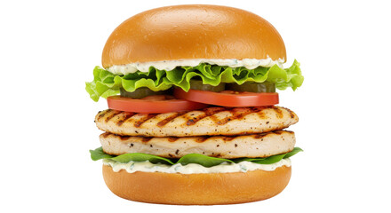 Delicious chicken burger isolated on transparent background, stacked with fresh toppings for food photography and menu design