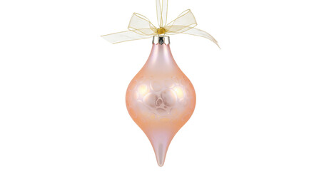 Elegant peach teardrop Christmas ornament isolated, frosted glass bauble with gold ribbon for holiday decoration and festive design