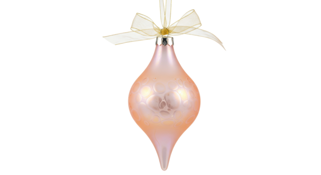 Elegant peach teardrop Christmas ornament isolated, frosted glass bauble with gold ribbon for holiday decoration and festive design