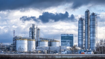 Obraz premium Industrial chemical refinery complex producing fuels and petrochemicals, with storage tanks, distillation columns, and pipelines under a cloudy sky