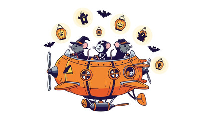Halloween Mice Airplane Adventure: A charming illustration depicts three cheerful mice piloting an antique airplane festooned with festive Halloween decorations, soaring against a playful sky. 