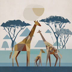 Three giraffes, resembling mosaics, stand in a savanna. The background features stylized Acacia trees, triangles, and the sun during a daytime scene