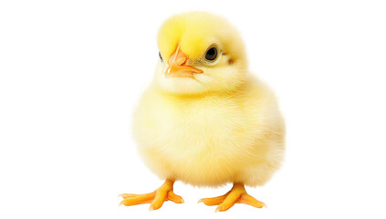 Fototapeta premium A cute. fluffy yellow chick standing upright against a white background. its feathers and curious expression. ideal for animal-themed projects or educational materials