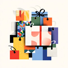 A collection of colorful boxes and gift bags is arranged in a stacked manner. The composition utilizes simple, geometric shapes and bold colors to create a festive design