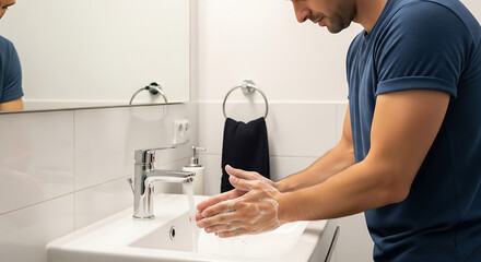 Man Washing Hands : Maintaining hygiene by washing hands with soap under running water in a clean bathroom to prevent the spread of germs