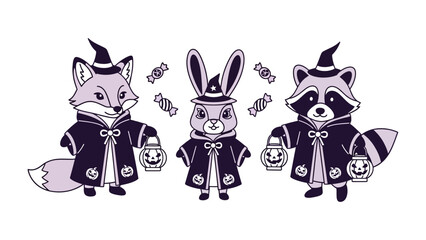 Halloween Squad: A whimsical illustration showcasing a fox, rabbit, and raccoon, all dressed in charming witch costumes, ready for a night of trick-or-treating.