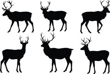 Collection of deer silhouette vector illustrations showing various poses, standing, walking, antlers, wildlife animal design set for nature themes.