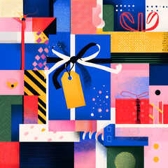 A wrapped blue present with a bow and a yellow tag sits among assorted shapes and decorated squares. The artwork evokes a festive and celebratory feel