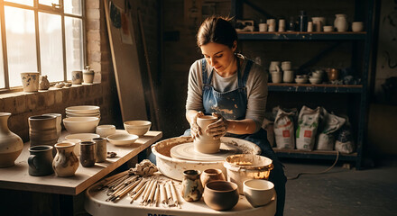 Female potter skillfully shapes clay on a spinning wheel Creative studio filled with pottery and tools illuminated by natural light