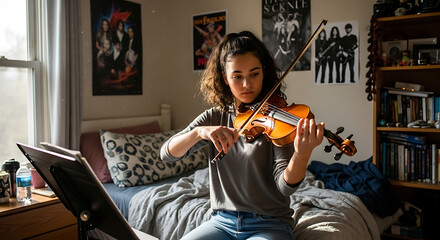 Young musician practices violin in sunlit bedroom Posters adorn the walls enhancing personal space with musical inspiration