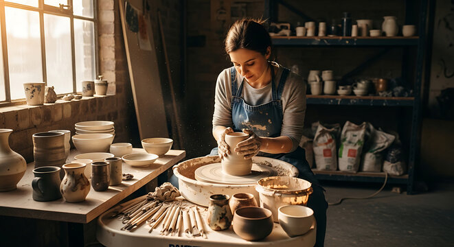 Female potter skillfully shapes clay on a spinning wheel Creative studio filled with pottery and tools illuminated by natural light - Powered by Adobe