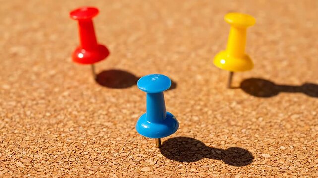 Colorful push pins are arranged on a corkboard surface, showcasing their vibrant hues and shadows in a dynamic visual sequence of interaction