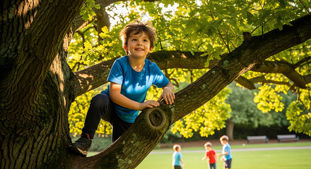 Young boy perched happily on a tree branch in a park on a sunny day enjoying nature and the outdoors Friends play below