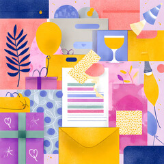 A colorful abstract representation of a celebration featuring wrapped presents, an opened card with an envelope, balloons, party hats, and a glass of drink