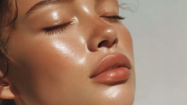 Woman relaxing with closed eyes, feeling natural light on glowing skin, emphasizing hydration, healthy complexion, and sun kissed beauty with a mindful, serene expression - Powered by Adobe