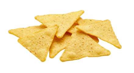 Pile of golden triangle tortilla chips isolated on transparent background, crunchy snack for party and movie night