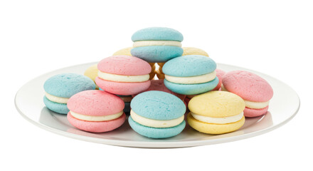 Colorful pastel macaron cookies isolated on a plate, sweet dessert treats in blue, pink, and yellow for bakery and confectionery concepts