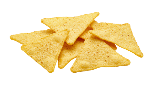 Pile of golden triangle tortilla chips isolated on transparent background, crunchy snack for party and movie night