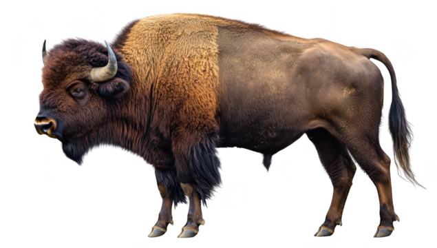 A majestic bison stands proudly in a natural setting. its thick fur and powerful build. with a serene landscape in the background. suitable for wildlife photography