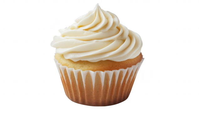 A beautifully frosted vanilla cupcake with swirls of creamy icing. placed on a clean white background. perfect for dessert menus. baking blogs. and culinary showcases