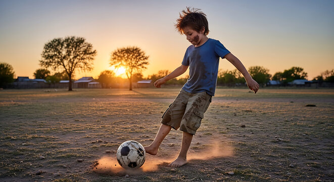 Young boy barefoot kicking a soccer ball at sunset with dust rising Rural scene with trees and buildings in the background