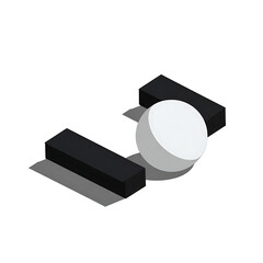 Isometric View of a White Sphere Rolling Between Two Dark Rectangular Blocks in a Minimalist Design on a White Background