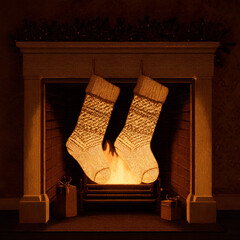 Two filled Christmas stockings hang from a stone fireplace in a warm, dimly lit room. Below the stockings are small gifts, awaiting Christmas morning