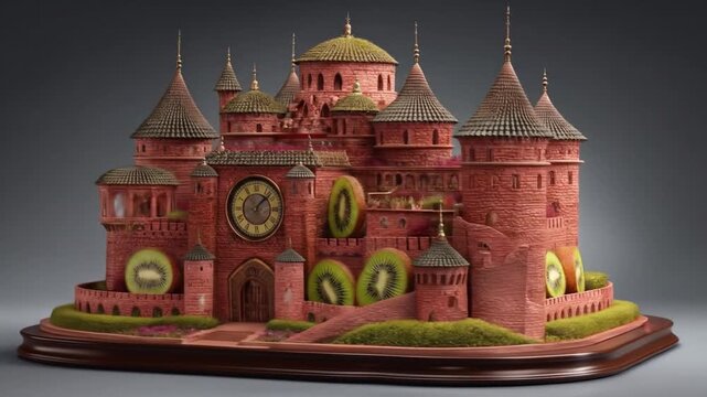 Fantastical brick castle with clock, kiwi fruit, flowers, grass, and intricate tower details