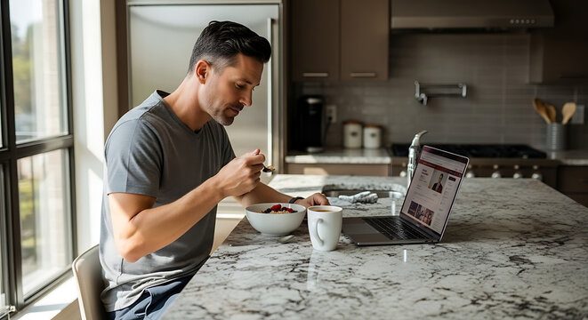 Man eating breakfast while using his laptop at a kitchen counter with sunlight coming through a window in the background