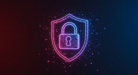 Obraz premium Digital security shield with glowing padlock and circuit patterns on a dark gradient background