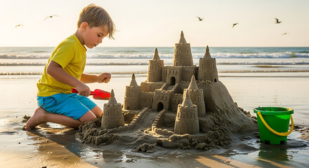 Young boy building a sandcastle with a red shovel on a sunny beach with ocean waves and seagulls in the background at sunset