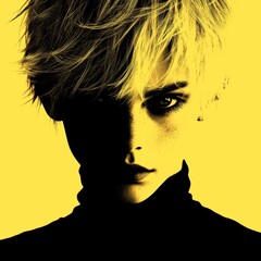 Young model with striking features in and portrait during a photoshoot in studio lighting ambiance