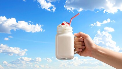 A hand holds a glass jar filled with a creamy drink, topped with whipped cream and a red straw, against a vibrant blue sky