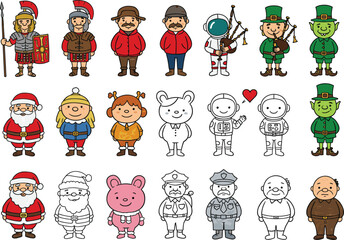 Cartoon characters collection including Santa Claus, astronaut, leprechaun, Roman soldier, policeman, fantasy creatures, cute animals, children costumes, holiday icons, vector illustration
