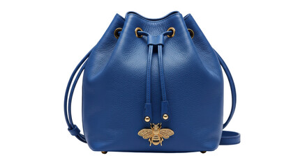 Blue leather bucket bag with golden bee isolated, stylish purse for women fashion and luxury accessories on a clean backdrop