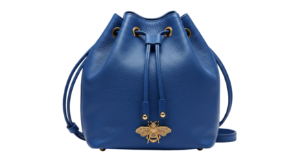Blue leather bucket bag with golden bee isolated, stylish purse for women fashion and luxury accessories on a clean backdrop