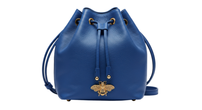 Blue leather bucket bag with golden bee isolated, stylish purse for women fashion and luxury accessories on a clean backdrop