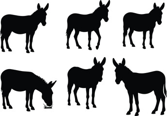 Collection of donkey silhouette vector illustrations showing different standing, walking, and grazing poses for farm animal, agriculture, and rural design themes.