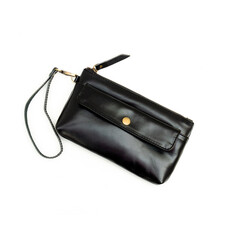 Black leather wallet for women isolated on white background, perfect for leather product catalog design