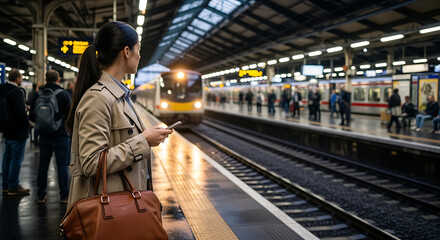 Woman waits for a train while holding a phone She is wearing a trench coat and carrying a bag She looks off into the distance