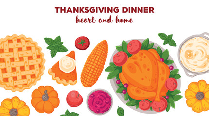 Thanksgiving day, family dinner. Hand drawn flat style. Top view vector illustration. Festive dinner with turkey and potato, apple pie, vegetables, fruits. Autumn food