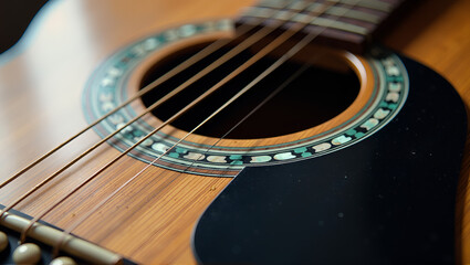 Obraz premium Vintage acoustic guitar macro: soundhole and bridge detail