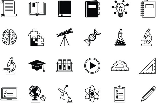 Education and science icons set, school study tools, chemistry biology physics, research and learning symbols, academic knowledge design, technology vector illustration
